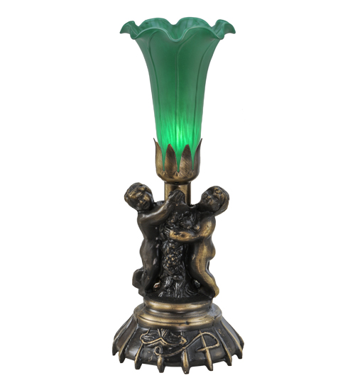 13"High Green Twin Cherub Pond Lily Mini Lamp