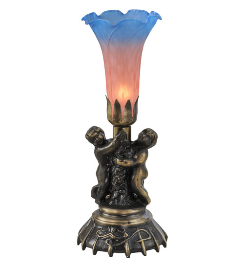 13"High Pink and Blue Twin Cherub Pond Lily Mini Lamp