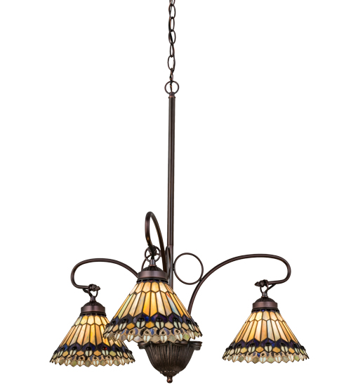 24"W Tiffany Jeweled Peacock 3 Light Chandelier