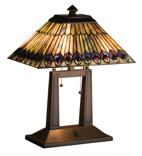 20"H Tiffany Jeweled Peacock Oblong Desk Lamp