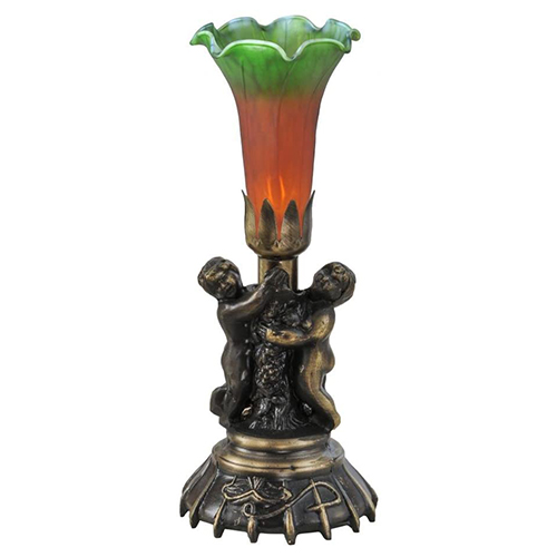 13"High Amber Green Twin Cherub Pond Lily Mini Lamp