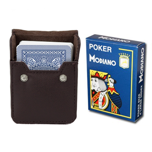Dk Blue Modiano Cristallo, Poker Size, 4 PIP w/ Leather Case