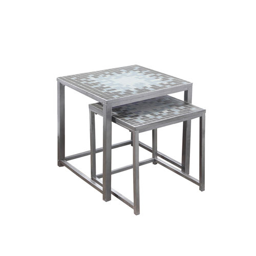 NESTING TABLE - 2PCS SET / GREY / BLUE TILE TOP / SILVER