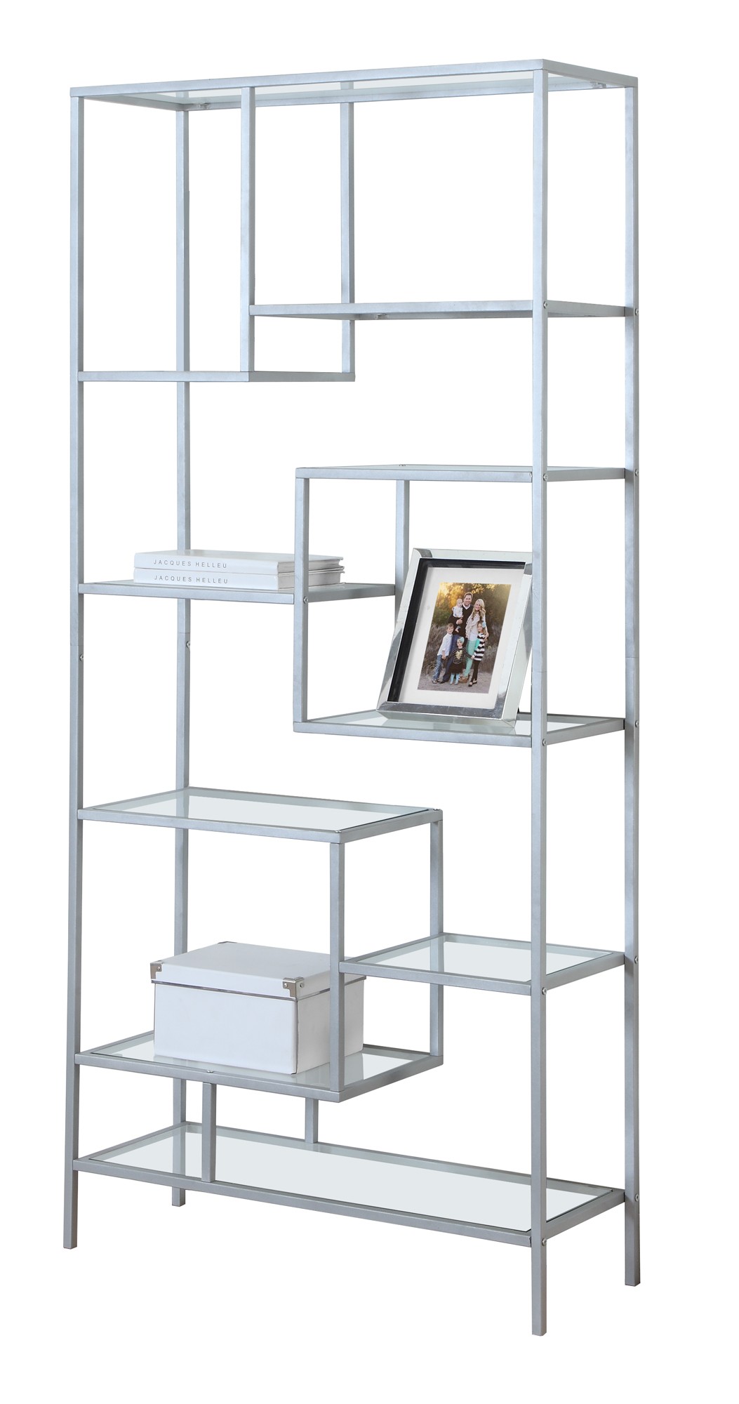 BOOKCASE - 72"H / SILVER METAL WITH TEMPERED GLASS