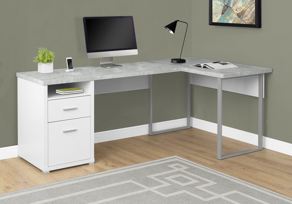 COMPUTER DESK - 80"L WHITE / CEMENT-LOOK LEFT/RIGHT FACE