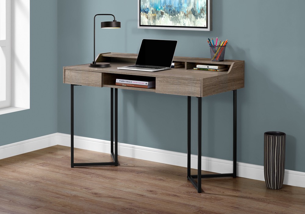 COMPUTER DESK - 48"L / DARK TAUPE / BLACK METAL WITH STORAGE