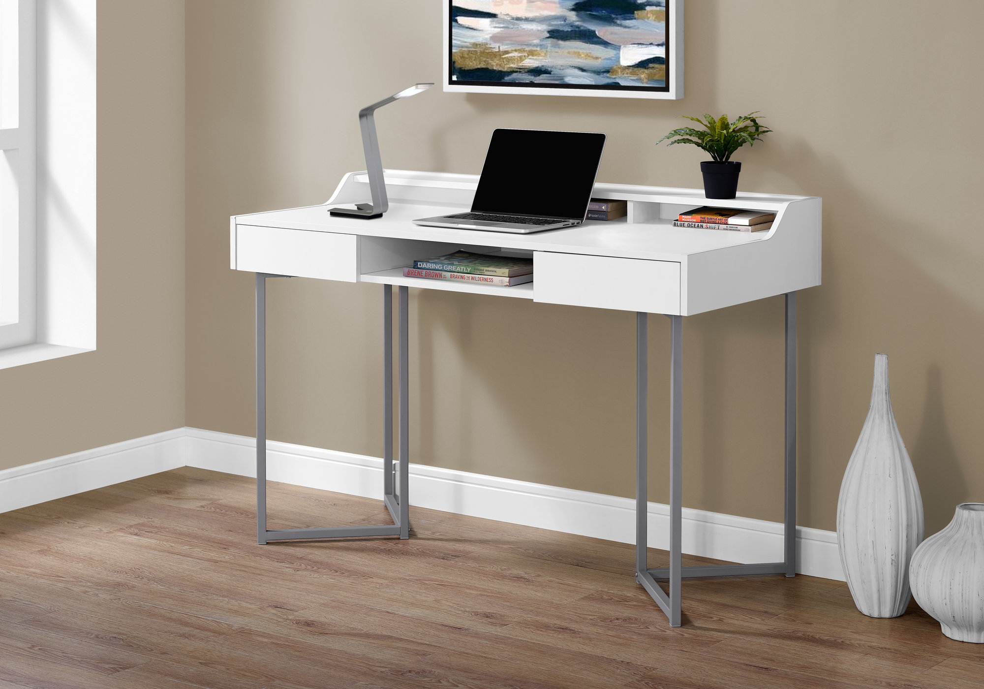 COMPUTER DESK - 48"L / WHITE / SILVER METAL WITH STORAGE