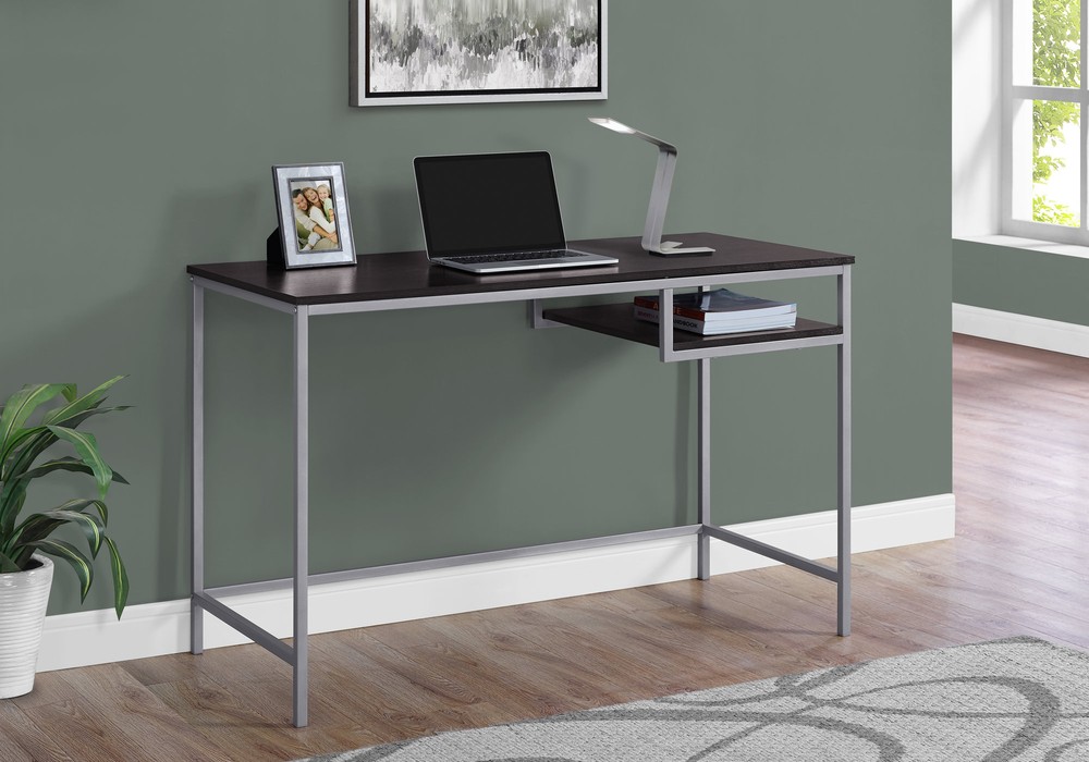 COMPUTER DESK - 48"L / CAPPUCCINO / SILVER METAL WITH SHELF