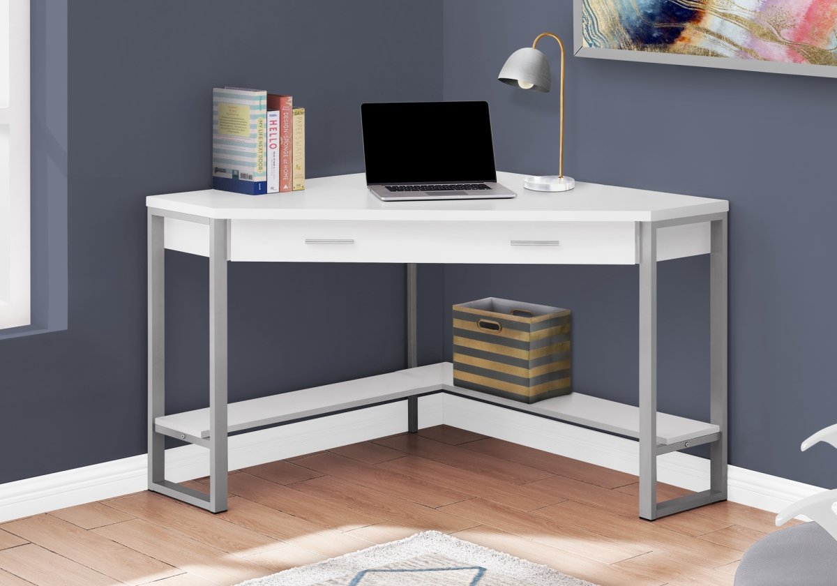 COMPUTER DESK - 42"L / WHITE CORNER / SILVER METAL