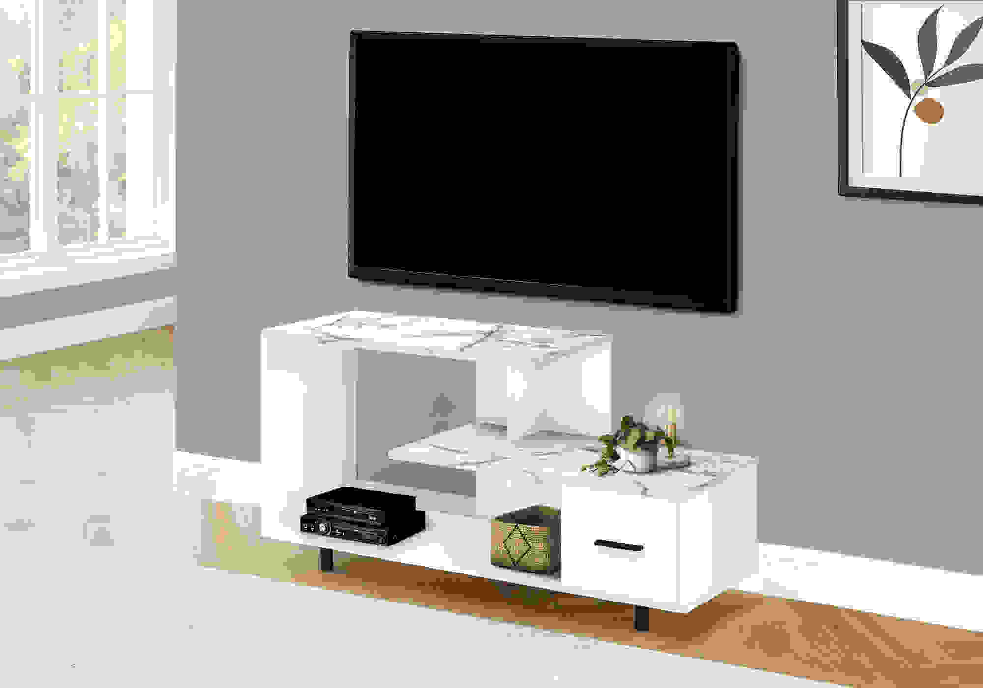 TV STAND - 48"L / WHITE / WHITE MARBLE TOP / 1 DRAWER