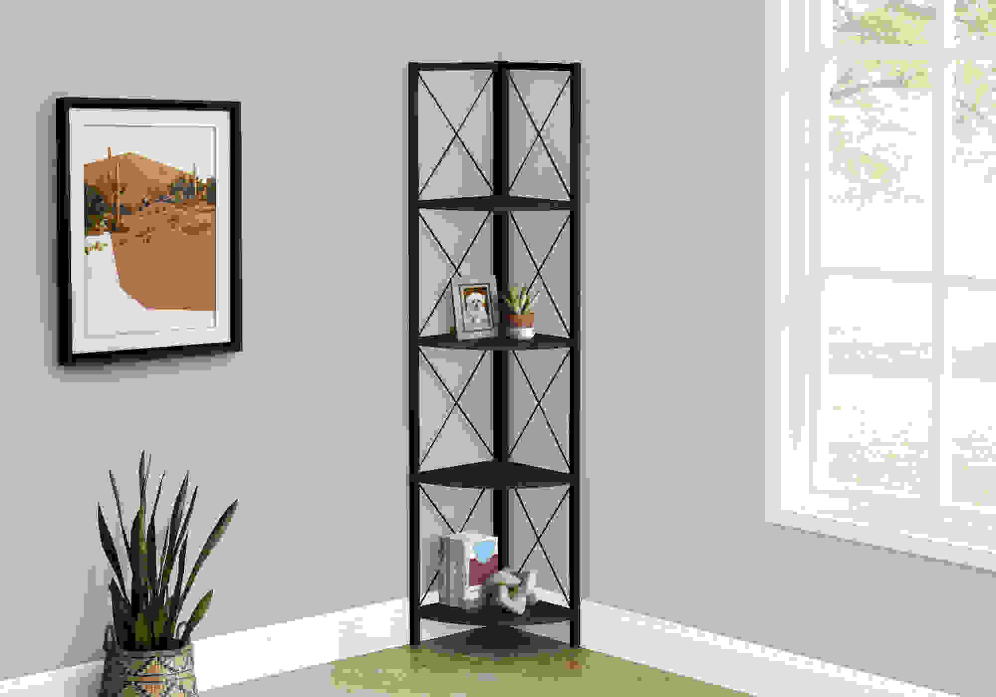 BOOKCASE - 60"H / ESPRESSO / BLACK METAL CORNER ETAGERE