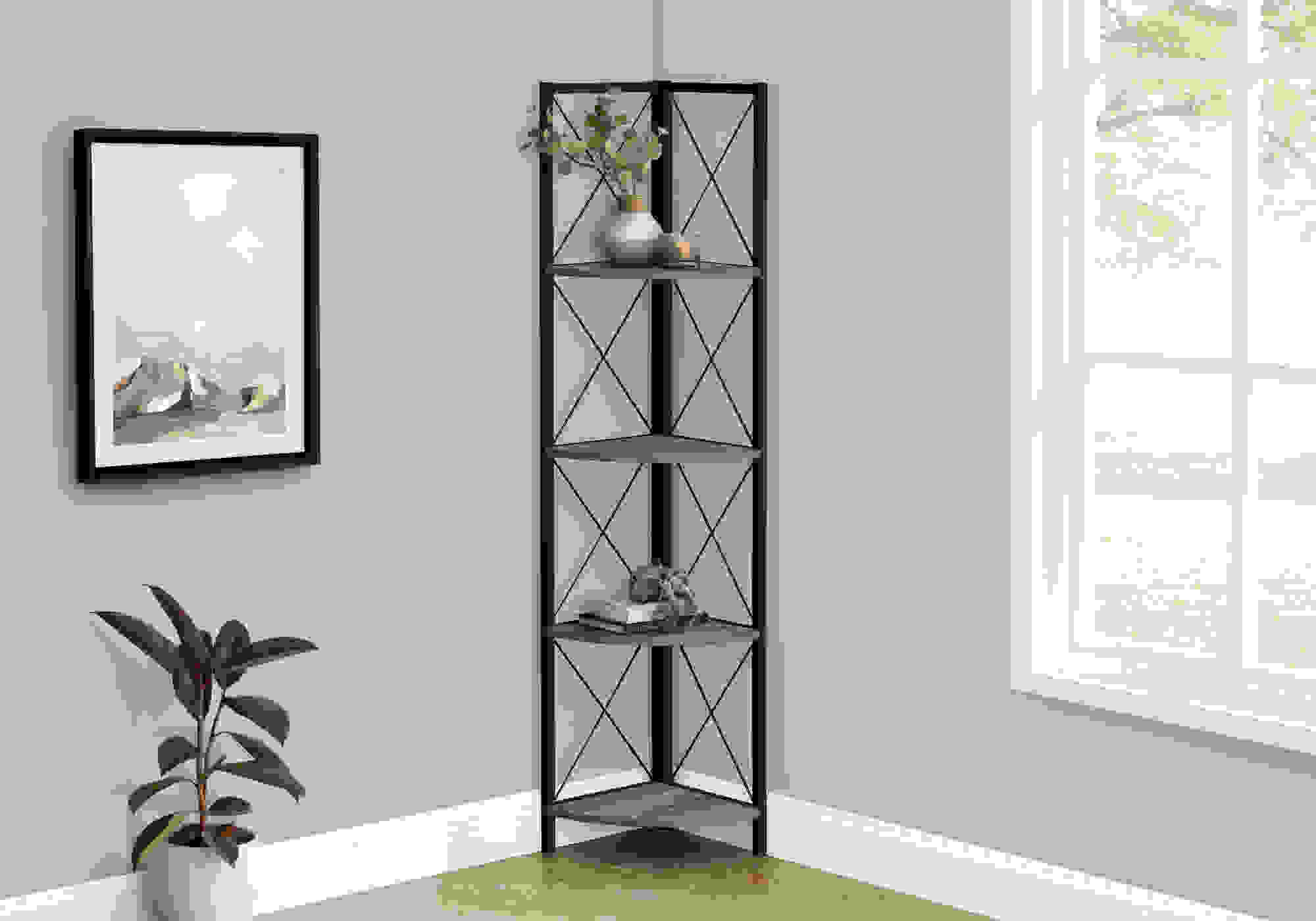 BOOKCASE - 60"H / BROWN RECLAIMED / BLACK METAL CORNER