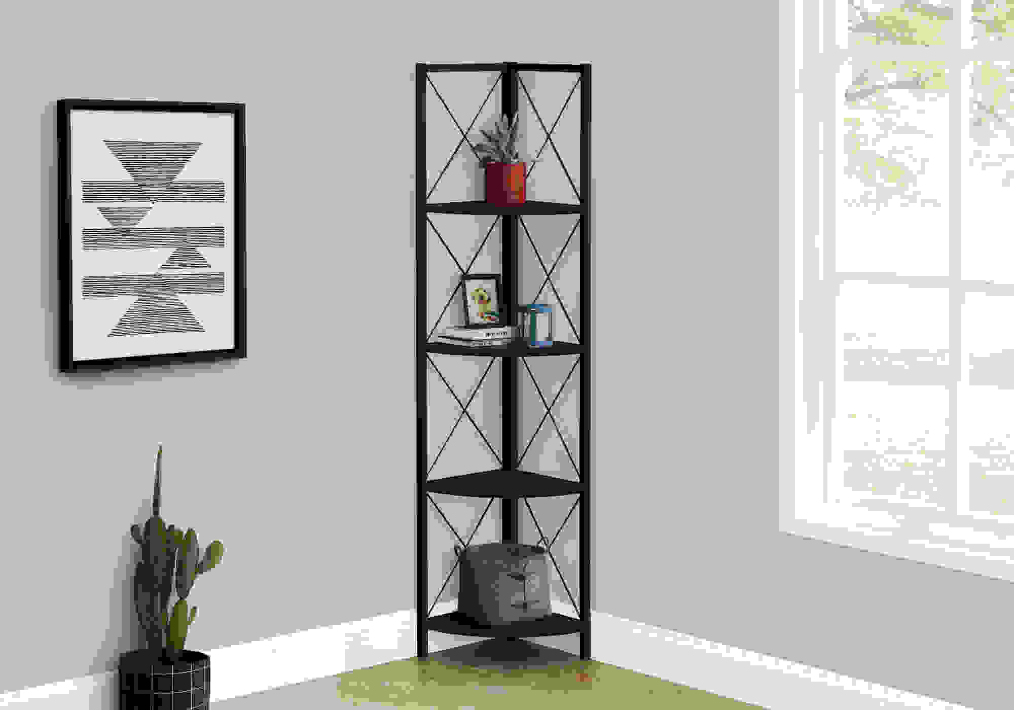 BOOKCASE - 60"H / BLACK / BLACK METAL CORNER ETAGERE