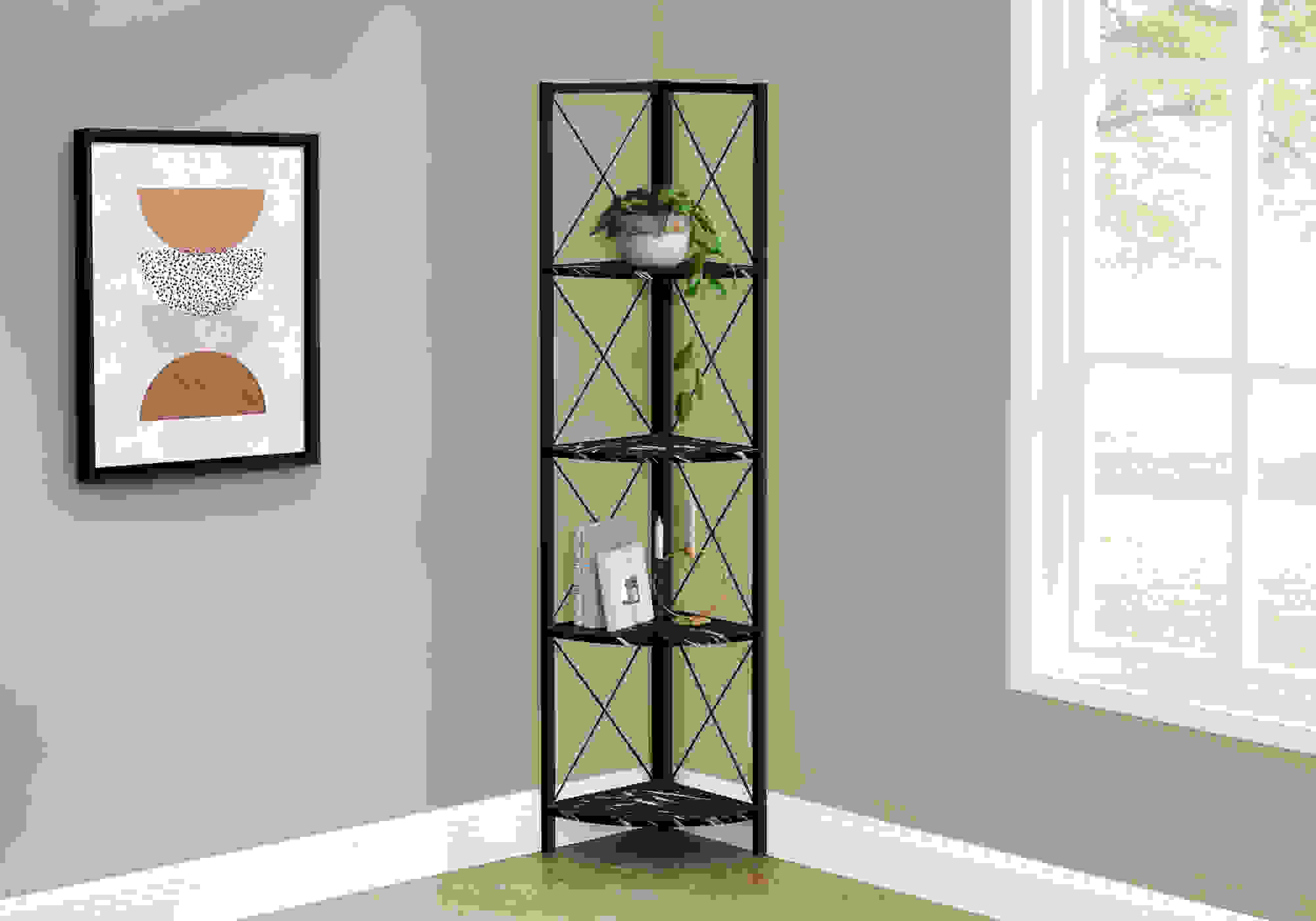 BOOKCASE - 60"H / BLACK MARBLE / BLACK METAL CORNER