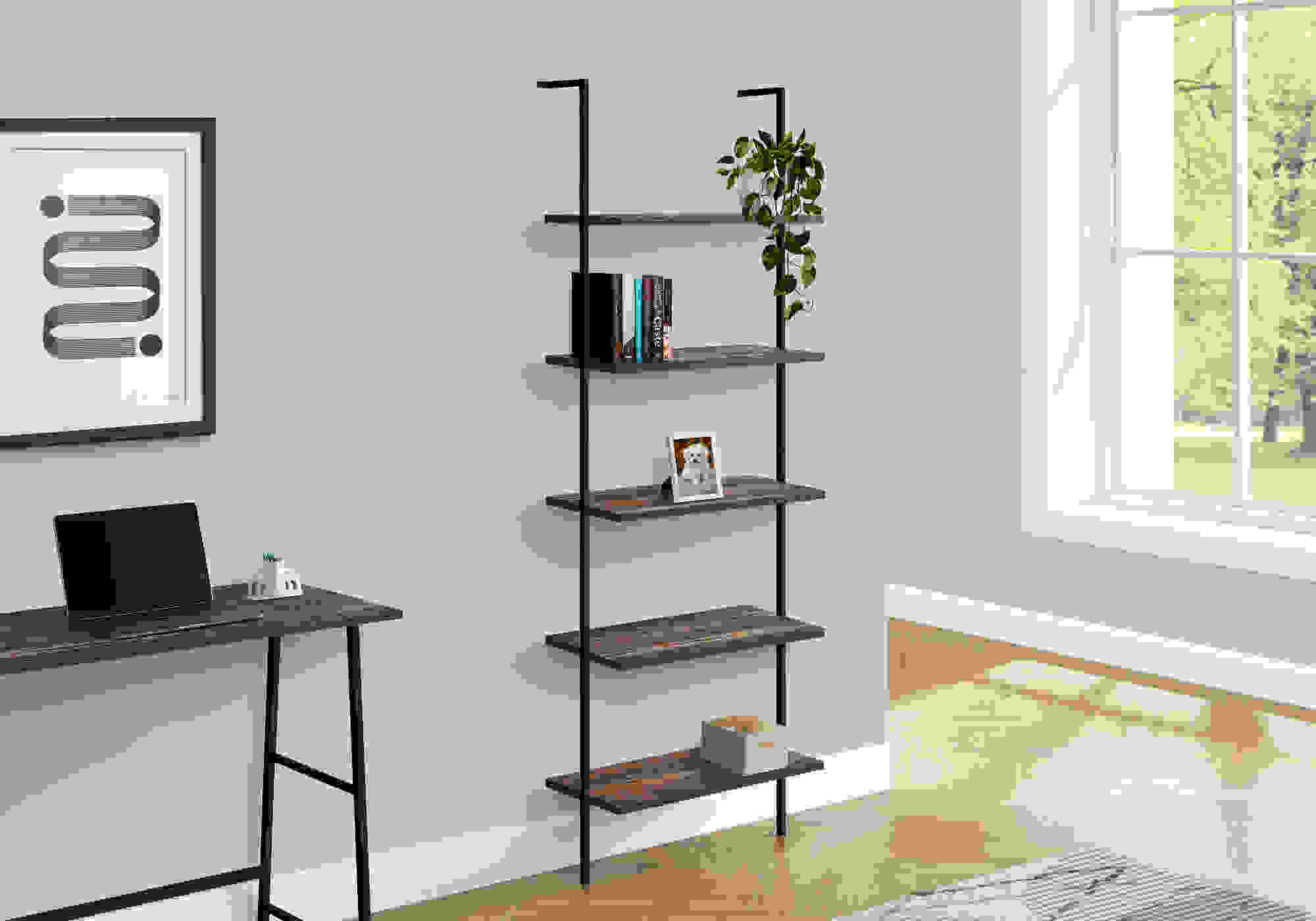 BOOKCASE - 72"H LADDER BROWN RECLAIMED / BLACK METAL