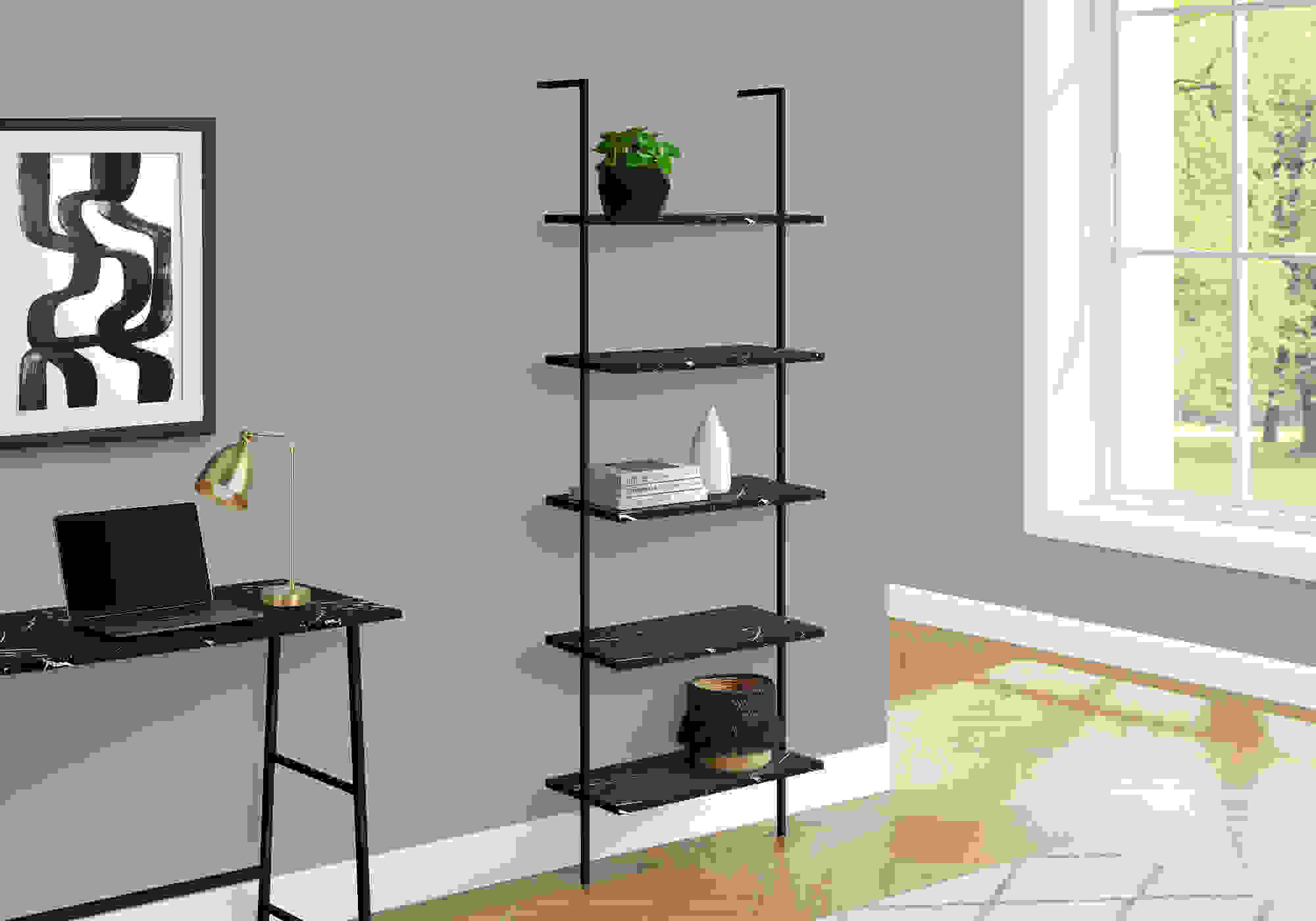 BOOKCASE - 72"H LADDER BLACK MARBLE / BLACK METAL