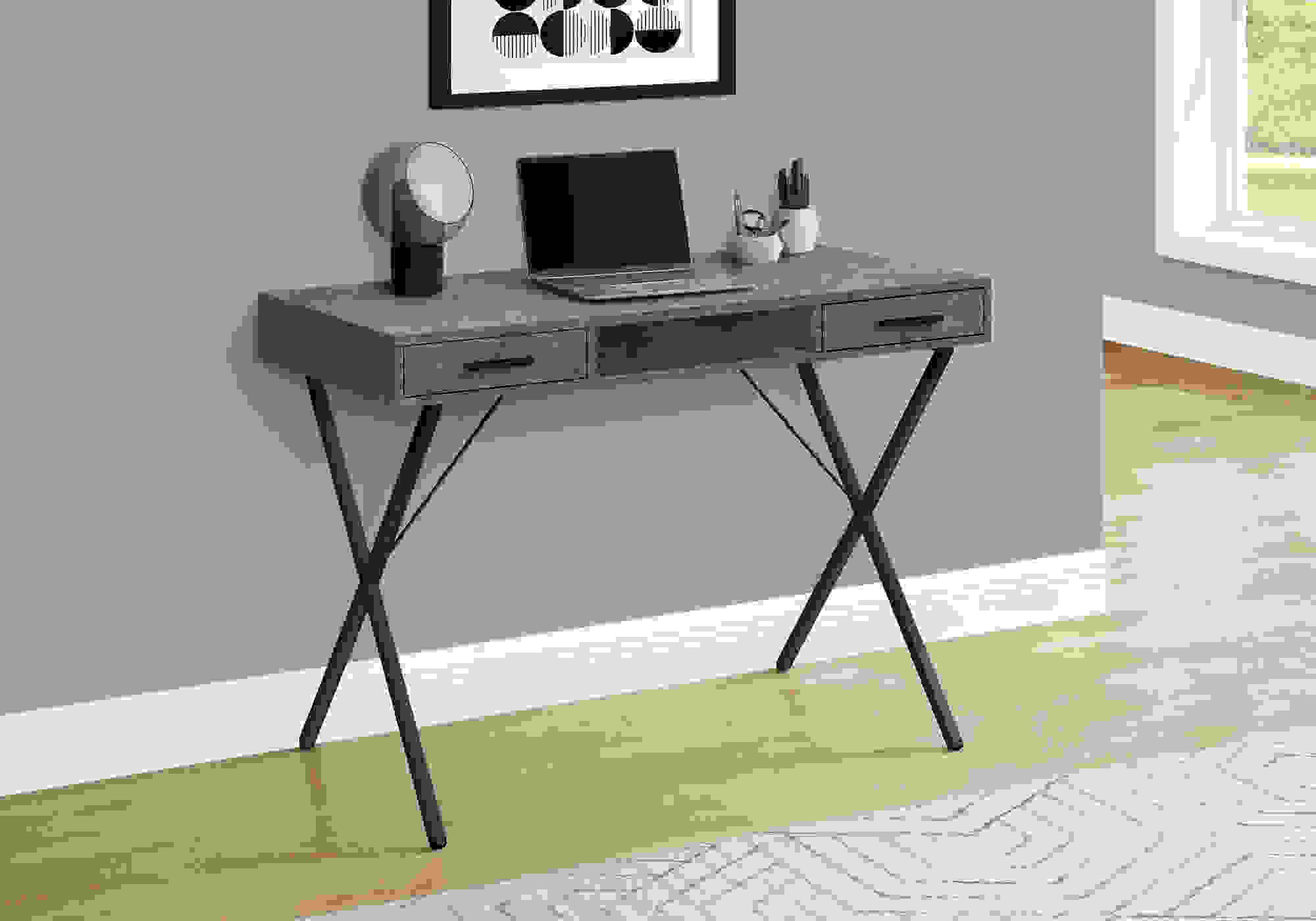 COMPUTER DESK - 42"L / GREY STONE-LOOK / BLACK METAL