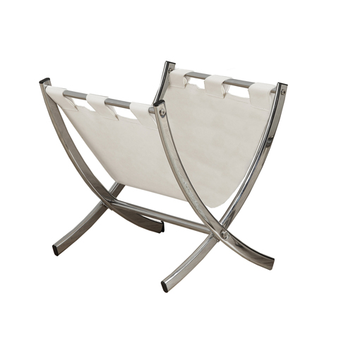 MAGAZINE RACK - WHITE LEATHER-LOOK / CHROME METAL