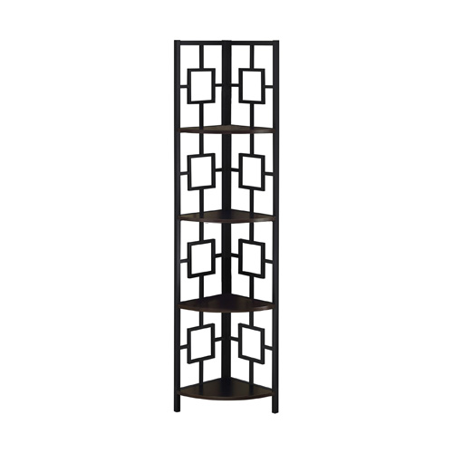 BOOKCASE - 62"H / ESPRESSO / BLACK METAL CORNER ETAGERE