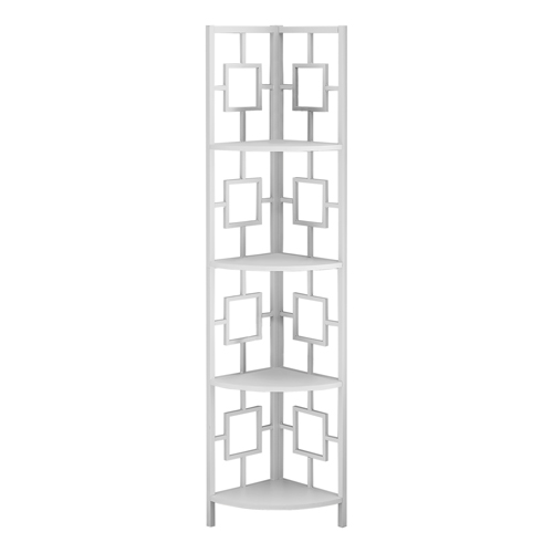 BOOKCASE - 62"H / WHITE / WHITE METAL CORNER ETAGERE