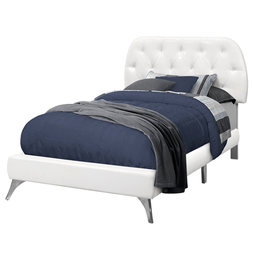 BED - TWIN SIZE / WHITE LEATHER-LOOK WITH CHROME LEGS