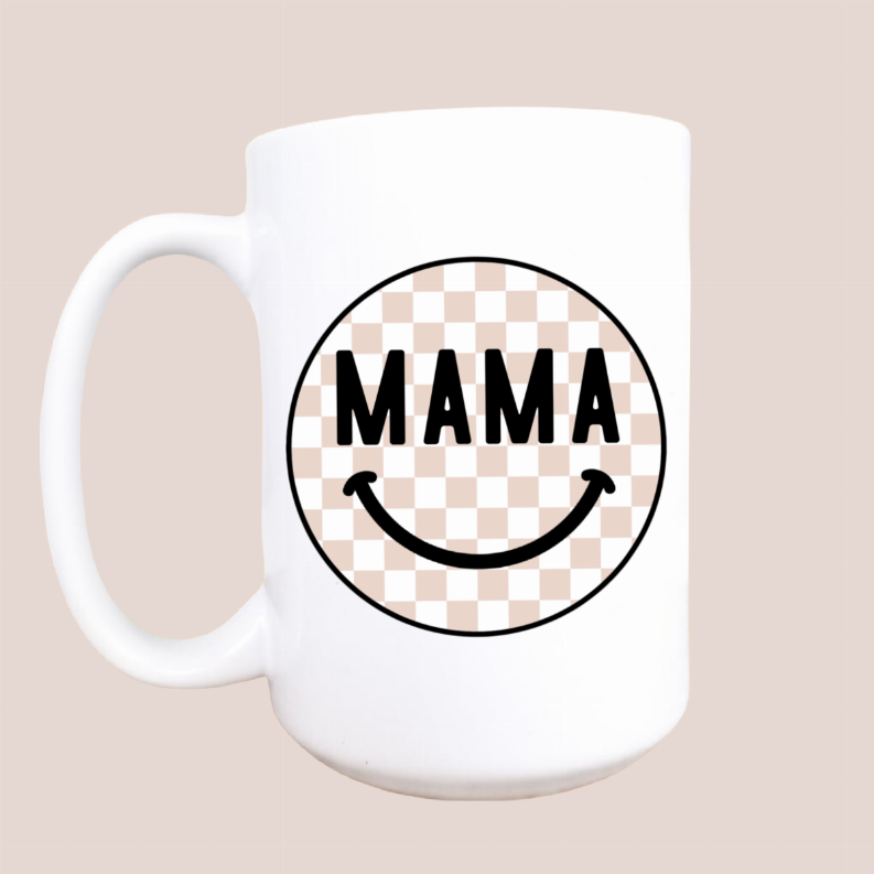 Checker mama happy face ceramic coffee mug