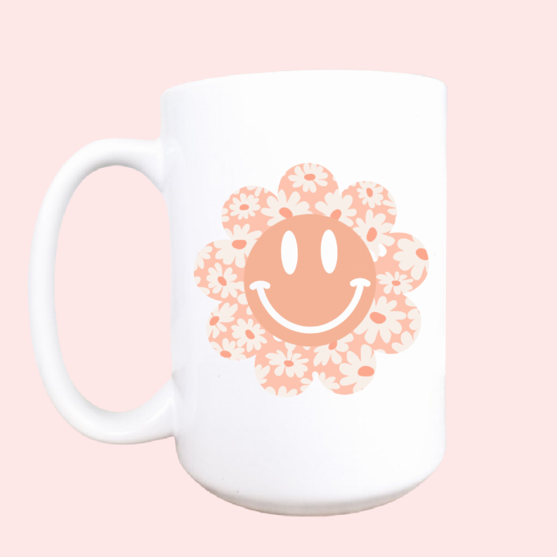 Floral daisy happy face ceramic coffee mug