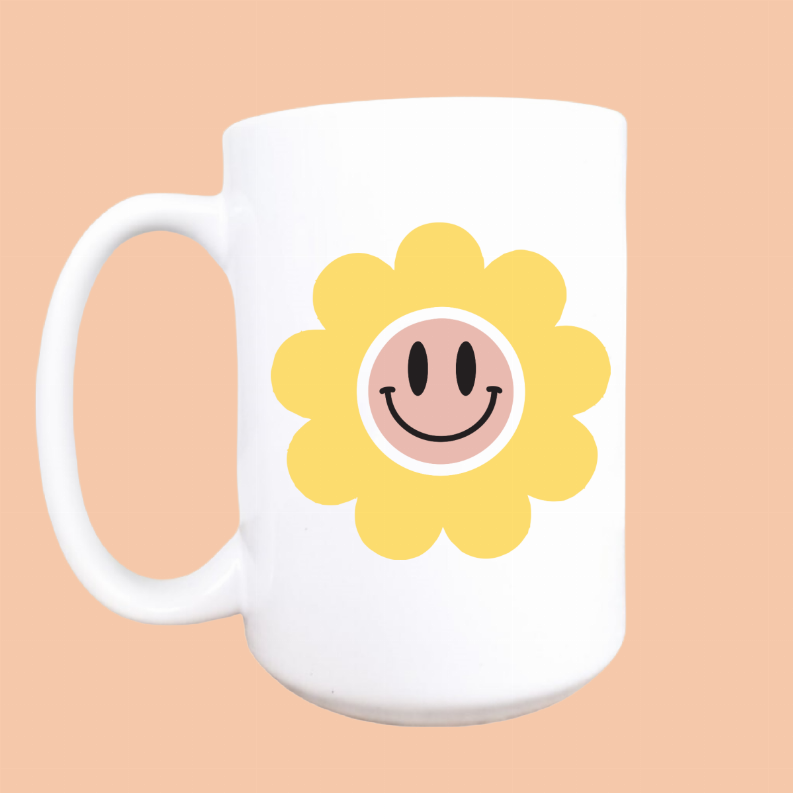 Happy face daisy ceramic coffee mug
