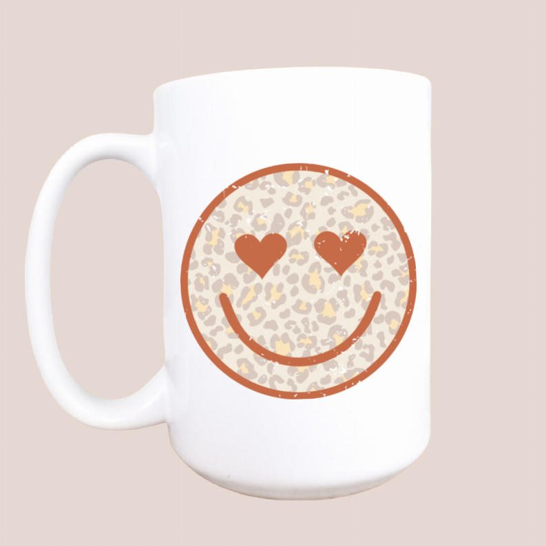 Leopard happy face ceramic coffee mug