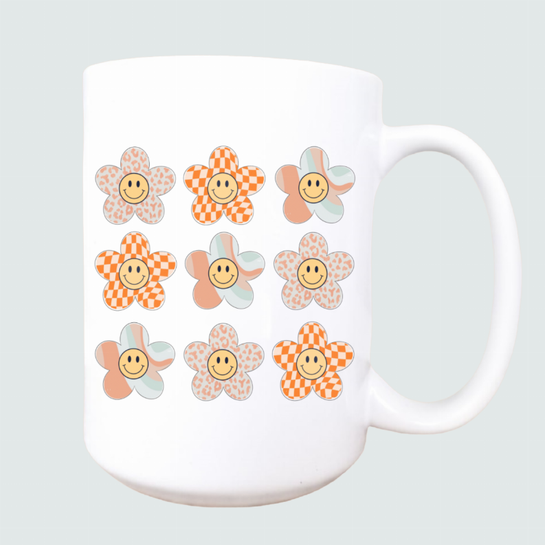 Preppy daisy happy face ceramic coffee mug