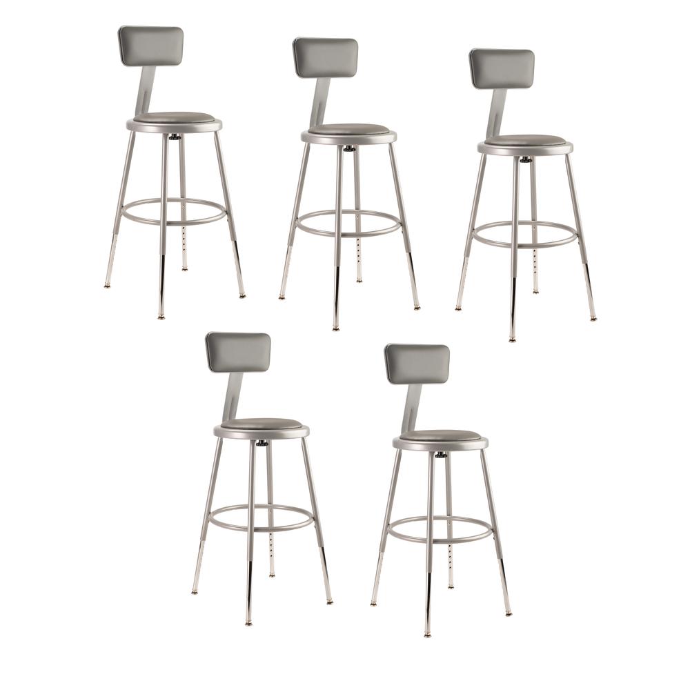 (5 Pack) NPS 19"-27" Height Adjustable Heavy Duty Vinyl Padded Steel Stool With Backrest, Grey