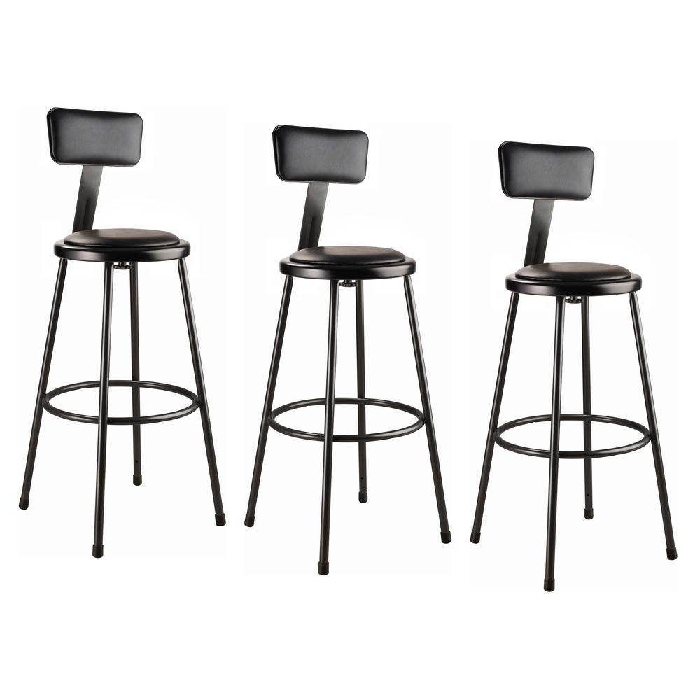 (3 Pack) NPS 30" Heavy Duty Vinyl Padded Steel Stool With Backrest, Black