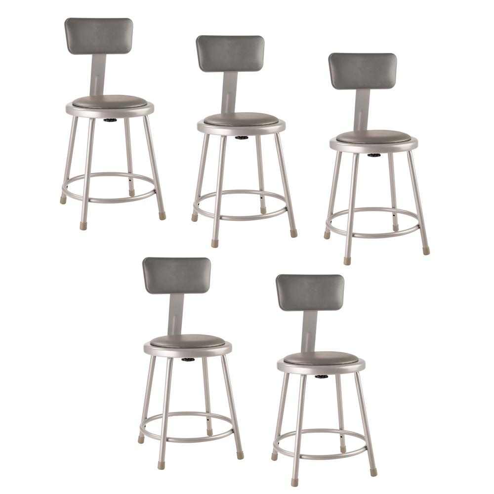 (5 Pack) NPS 18"Heavy Duty Vinyl Padded Steel Stool With Backrest, Grey