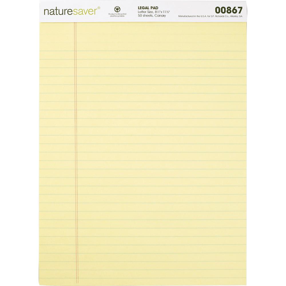 Nature Saver 100% Recycled Canary Legal Ruled Pads - 50 Sheets - 0.34" Ruled - 15 lb Basis Weight - 8 1/2" x 11 3/4" - Canary Pa