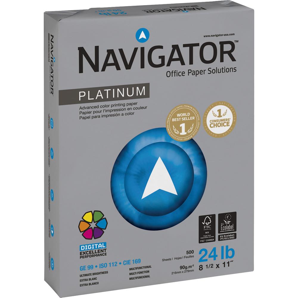 Navigator Platinum Office Multipurpose Paper - 99 Brightness - Letter - 8 1/2" x 11" - 24 lb Basis Weight - Smooth - 2500 / Cart