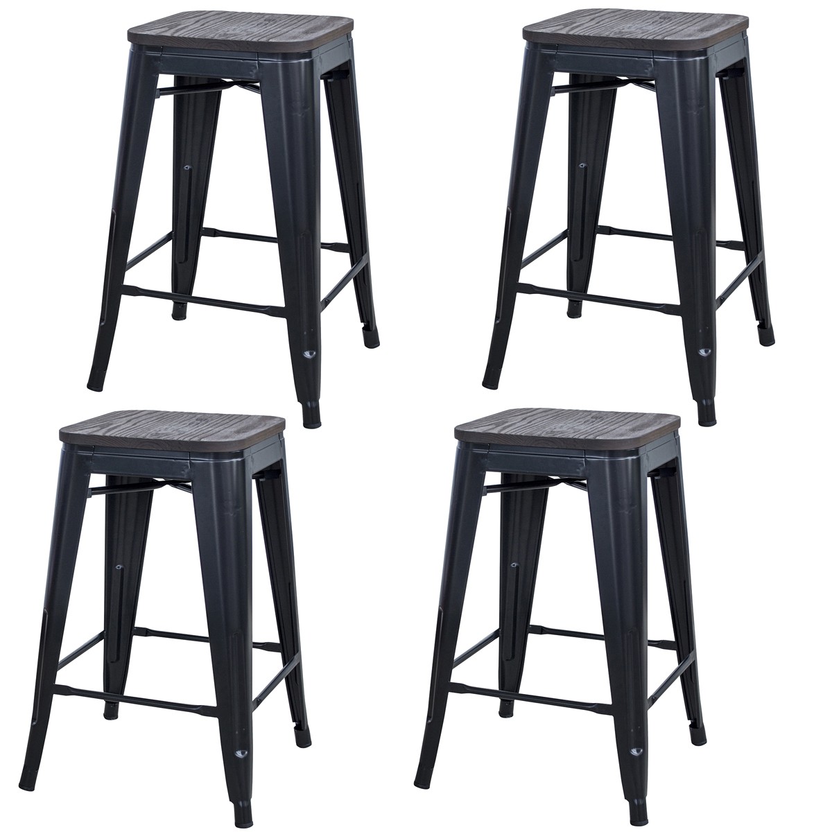 Rustic Gunmetal 24 in. Metal Bar Stool with Wood Seat- 4 Piece