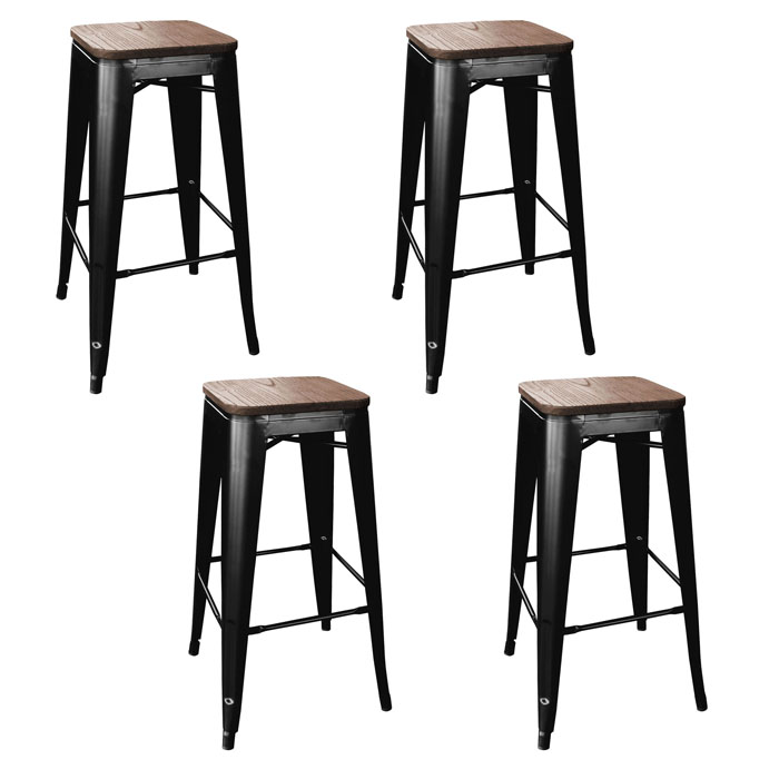 Loft Black Metal Bar Stool with Wood Seat- 4 Piece