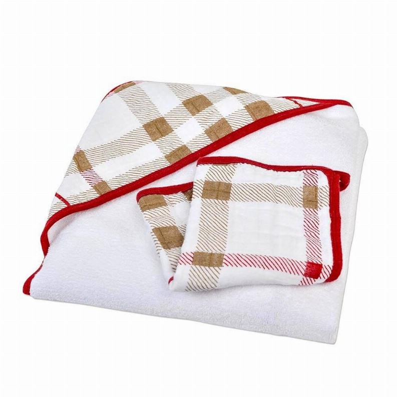 Hooded Towel and Washcloth Set Plaid 