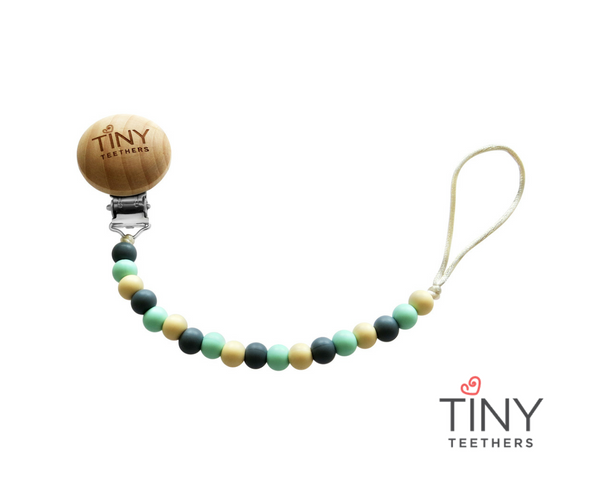 Tiny Teethers PAC015 Pacifier Clip Grey Mint And Ivory Beads