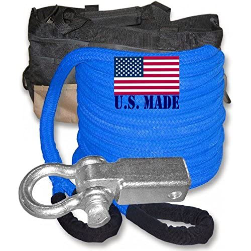 U.S. made "SAFETY BLUE" Safe-T-Line Kinetic Snatch ROPE - 1 inch X 30 ft with Receiver Shackle Bracket & HD Carry Bag (4X4 VEHI