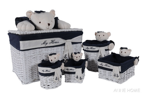 Anne Home - Set of 5 Rectangular Willow Storage Baskets with Children's Bear Detail in Several Sizes