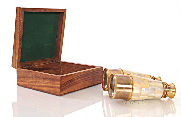 Binoculars with Mother of Pearl Detailed Overlay in Wooden Box