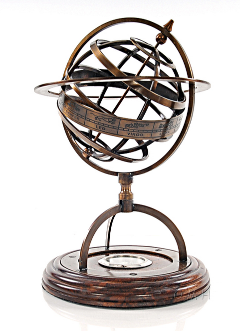 Brass Armillary Globe With Compass on Wooden Base