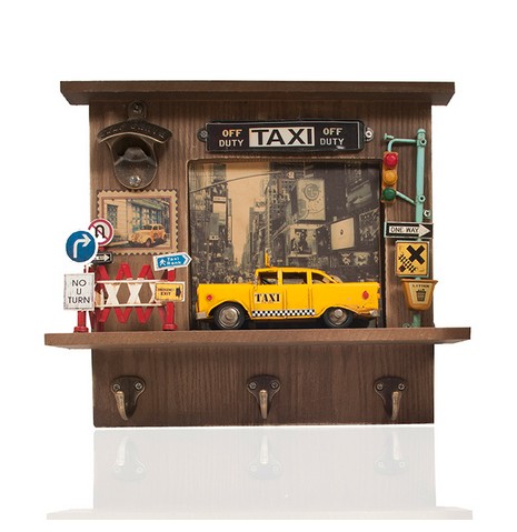 Vintage New York City Checker Taxi-Detailed Shadow Box with Keychain Hooks and Bottle Opener