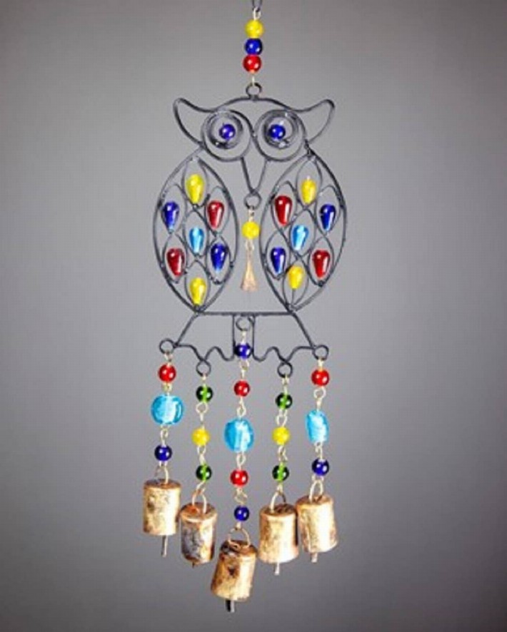 Beaded Owl Colored Glass Brass Bells For Wall Hanging