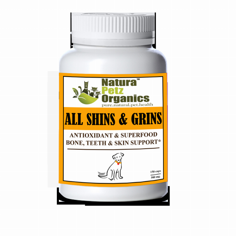 All Shins & Grins Capsules - Antioxidant Super Food Bone, Eye, Teeth & Skin Support Dog & Cat* - DOG/ 150 caps / 500 mg