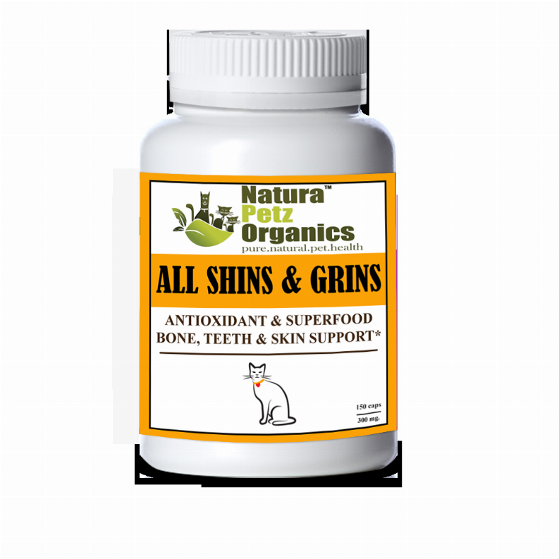 All Shins & Grins Capsules - Antioxidant Super Food Bone, Eye, Teeth & Skin Support Dog & Cat* - CAT/ 150 caps / 300 mg