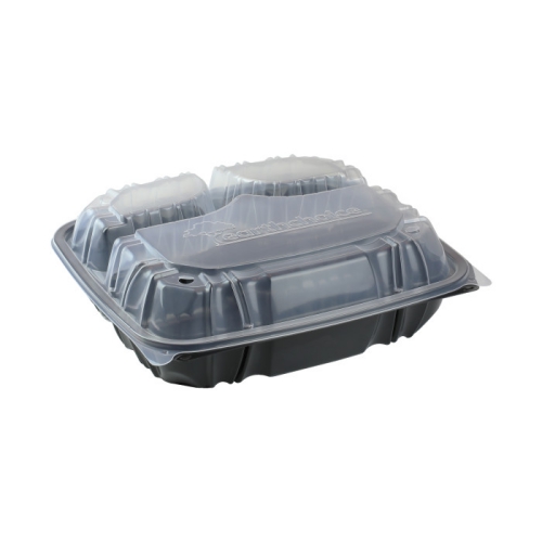 EarthChoice Dual Color Hinged-Lid Takeout Container, 3-Compartment, 34 oz, 10.5 x 9.5 x 3, Black/Clear, 132/Case