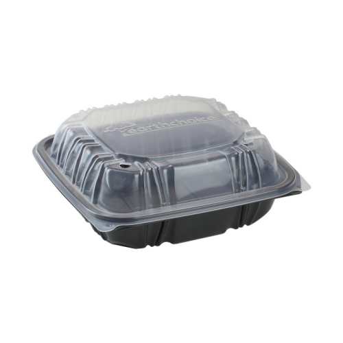 EarthChoice Dual Color Hinged-Lid Takeout Container, 3-Compartment, 21 oz, 8.5 x 8.5 x 3, Black/Clear, 150/Case