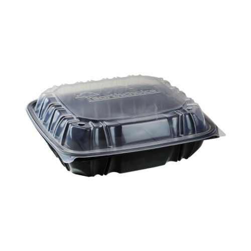 EarthChoice Dual Color Hinged-Lid Takeout Container, 3-Compartment, 34 oz, 10.5 x 9.5 x 3, Black/Clear, 132/Case